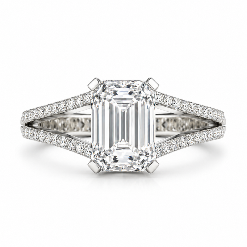Emerald Cut Lab Grown Diamond & Moissanite Split Shank Pavé Engagement Ring