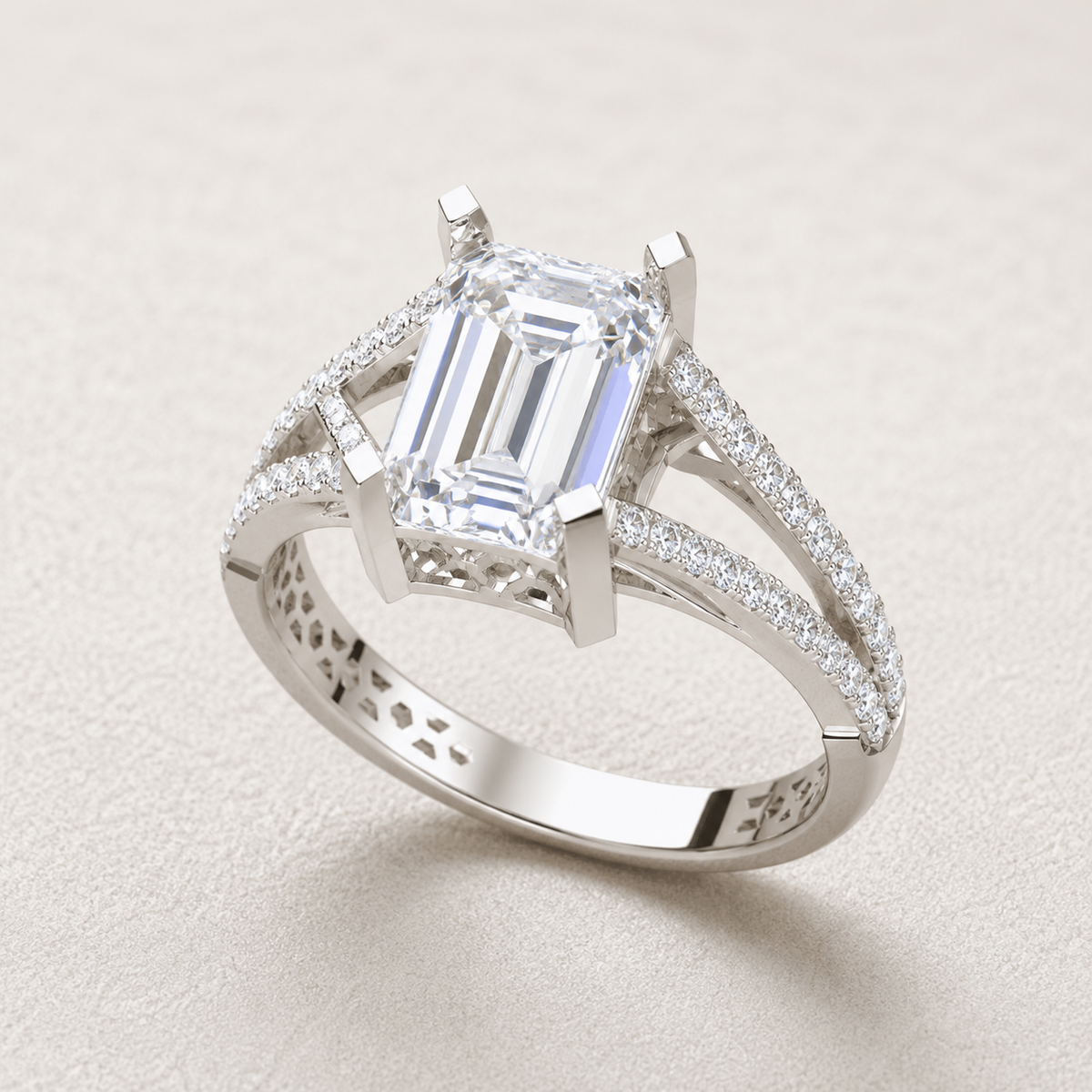emerald lab grown diamond ring in silver, top view