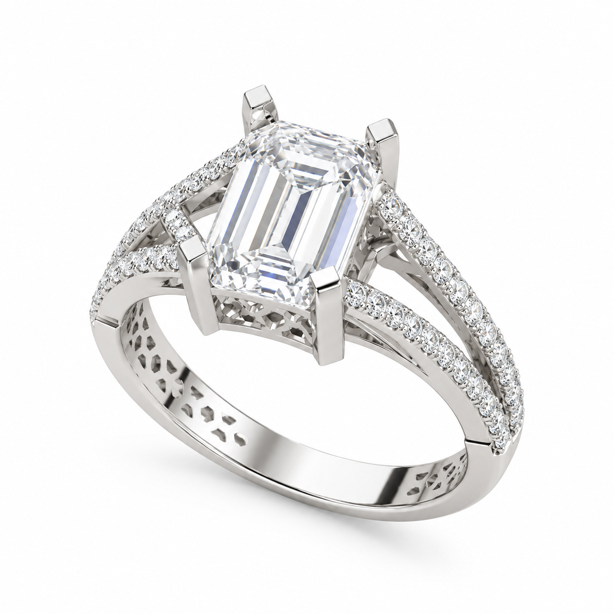 Emerald Cut Lab Grown Diamond & Moissanite Split Shank Pavé Engagement Ring