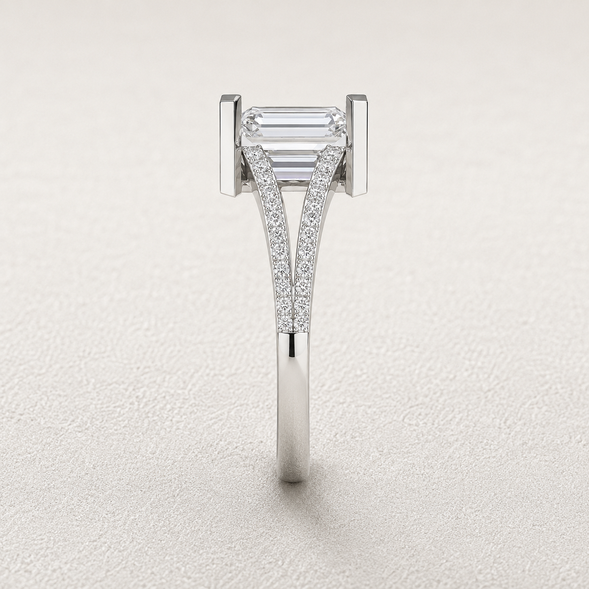 emerald lab grown diamond ring in silver, side profile