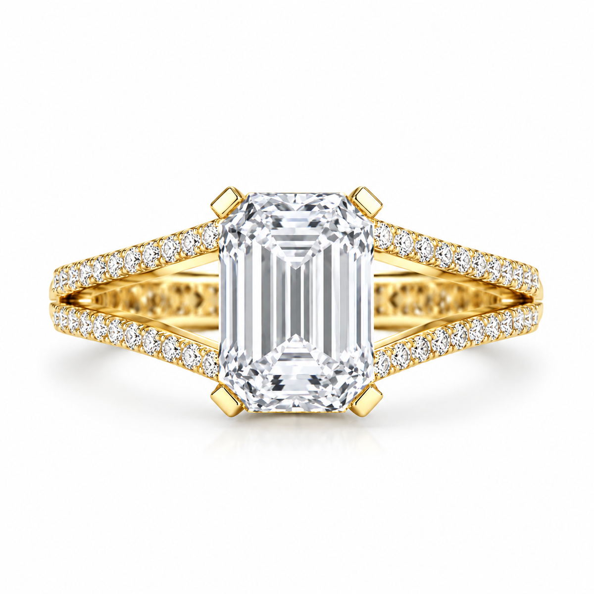 Emerald Cut Lab Grown Diamond & Moissanite Split Shank Pavé Engagement Ring