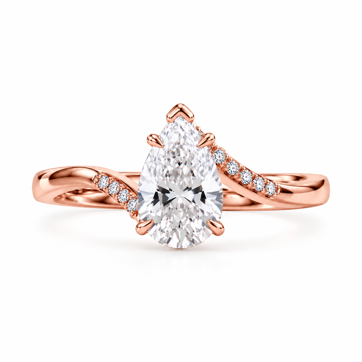 pear lab grown diamond engagement ring in gold, detail of the setting