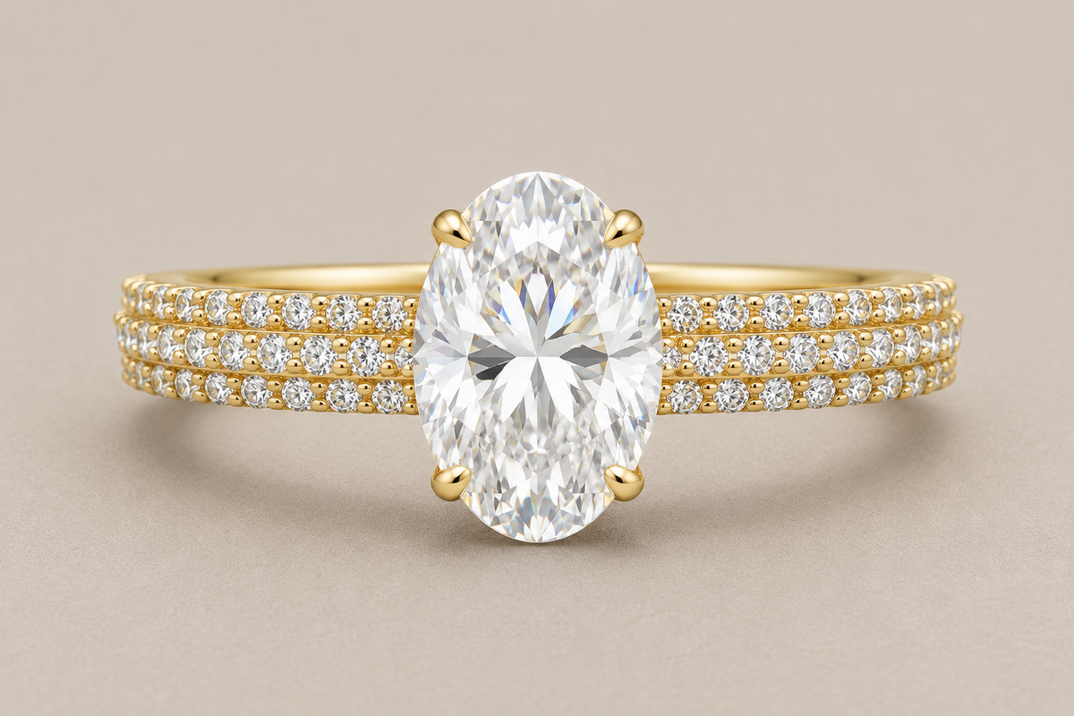 oval lab grown diamond solitaire engagement ring in silver, three-quarter view