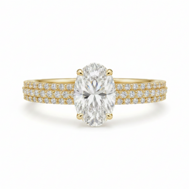 oval lab grown diamond solitaire engagement ring in silver, three-quarter view