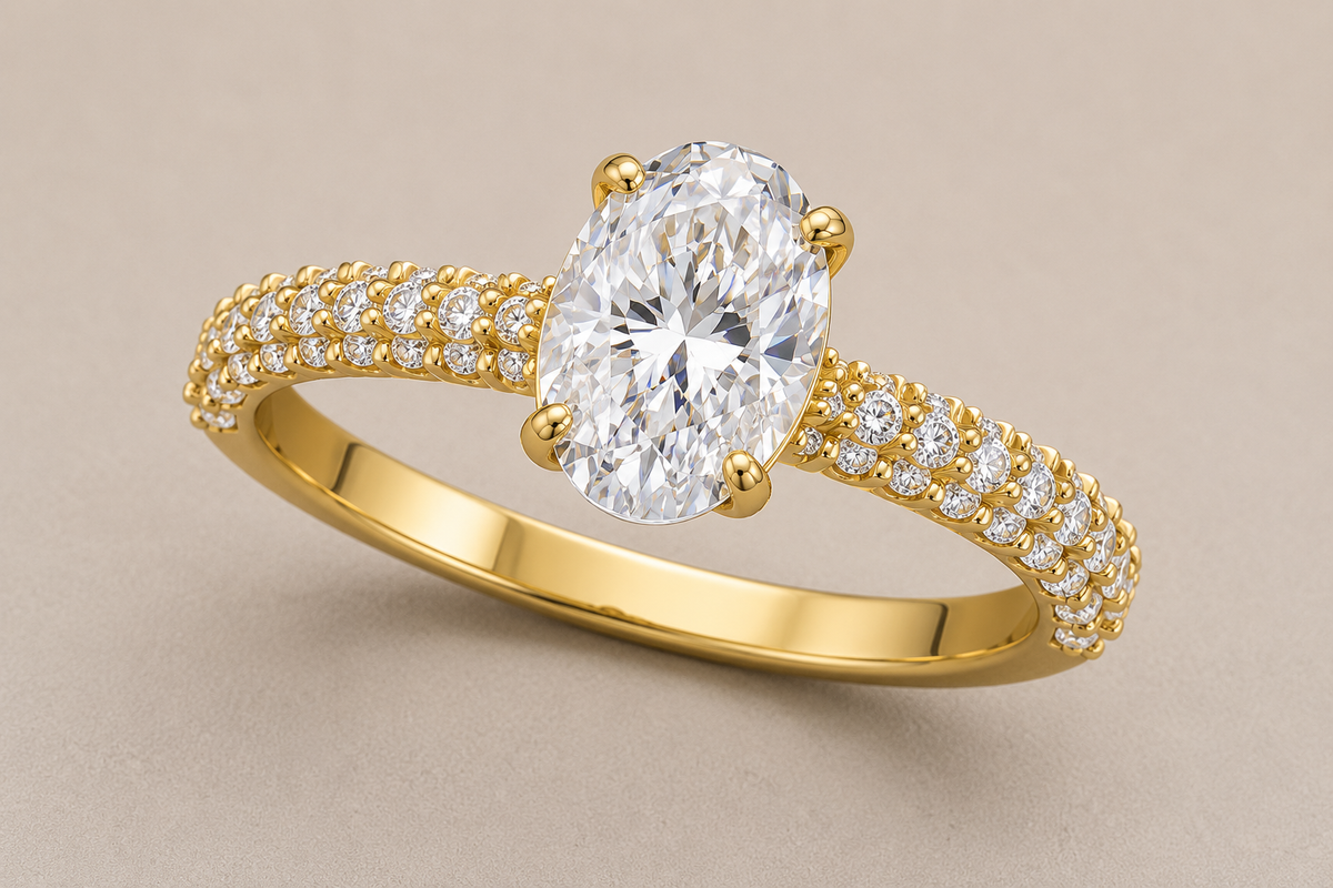 oval lab grown diamond solitaire engagement ring in 10K gold, top view