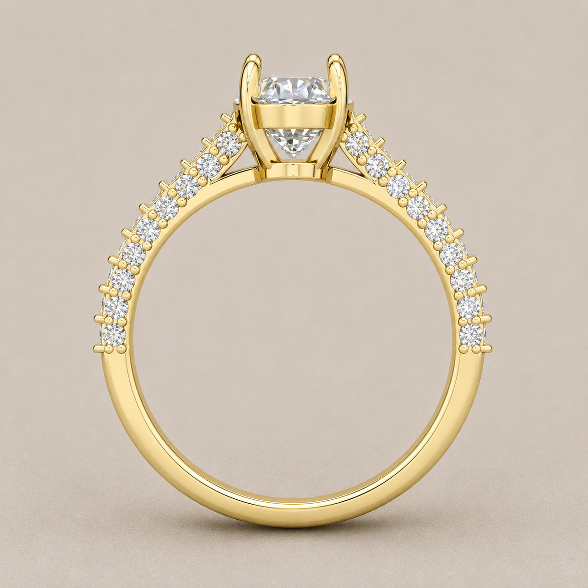 oval lab grown diamond solitaire engagement ring in 14K gold, side profile
