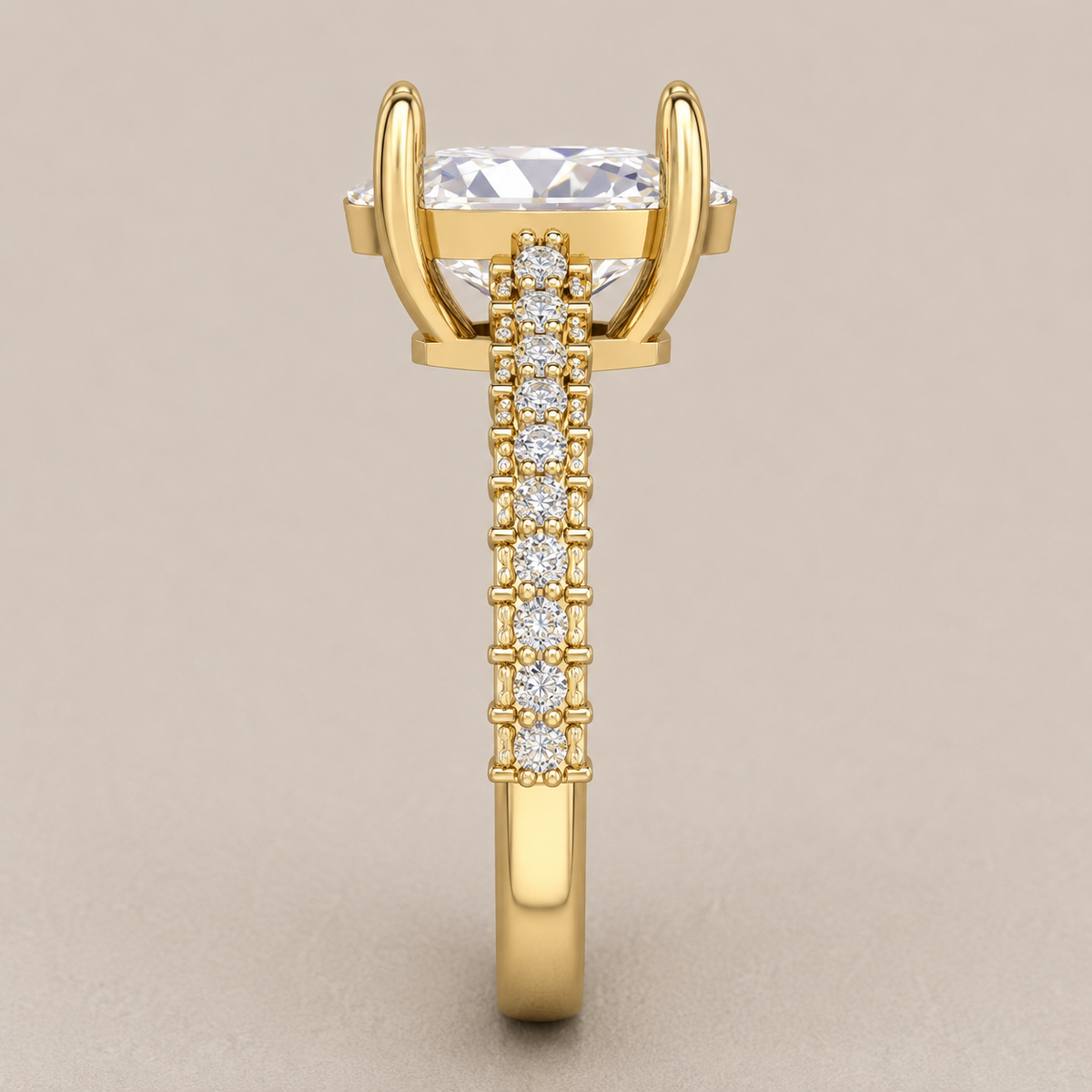 oval lab grown diamond solitaire engagement ring in 18K gold, detail of the setting