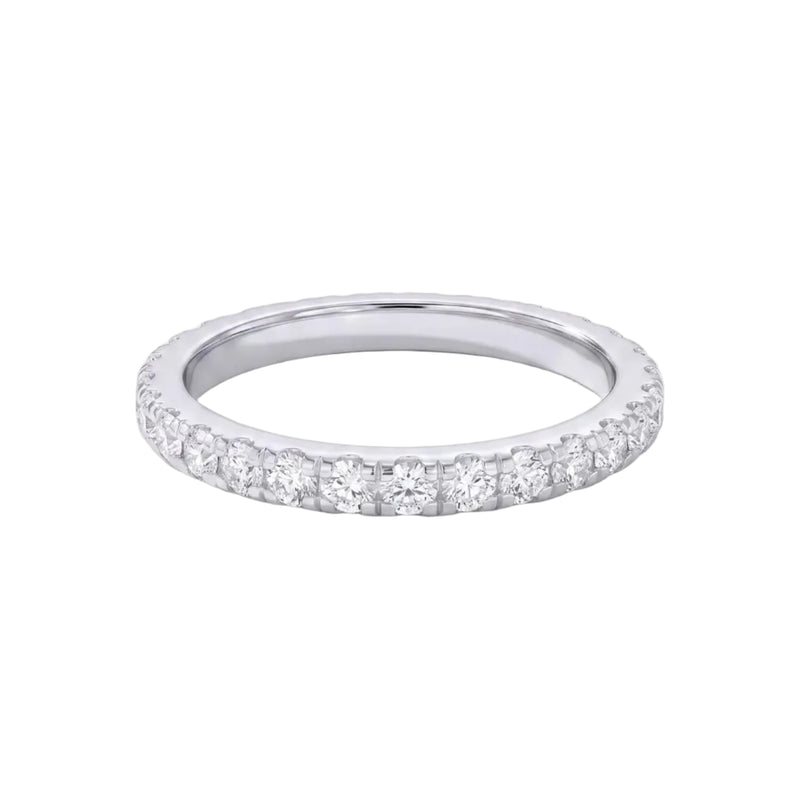 round lab grown diamond eternity band in metal, three-quarter view