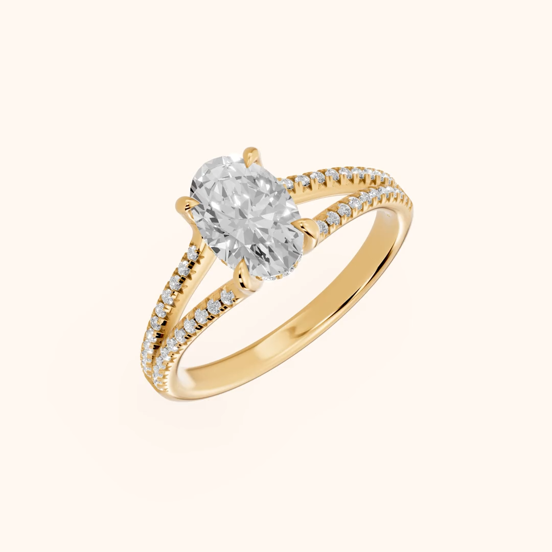 oval lab grown diamond engagement ring in silver, three-quarter view