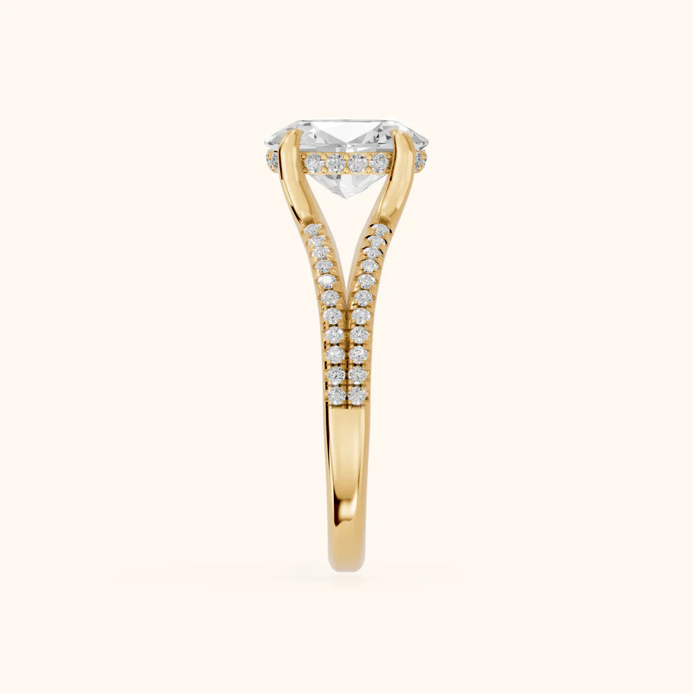 oval lab grown diamond engagement ring in 14k, top view