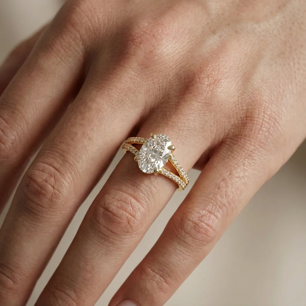 oval lab grown diamond engagement ring in 18k, side profile