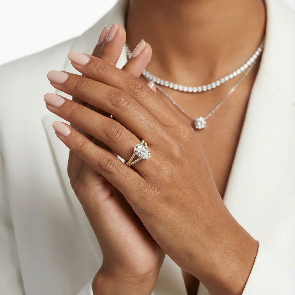 Oval Cut Pavé Split Shank Solitaire Engagement Ring – Lab Grown Diamond & Moissanite