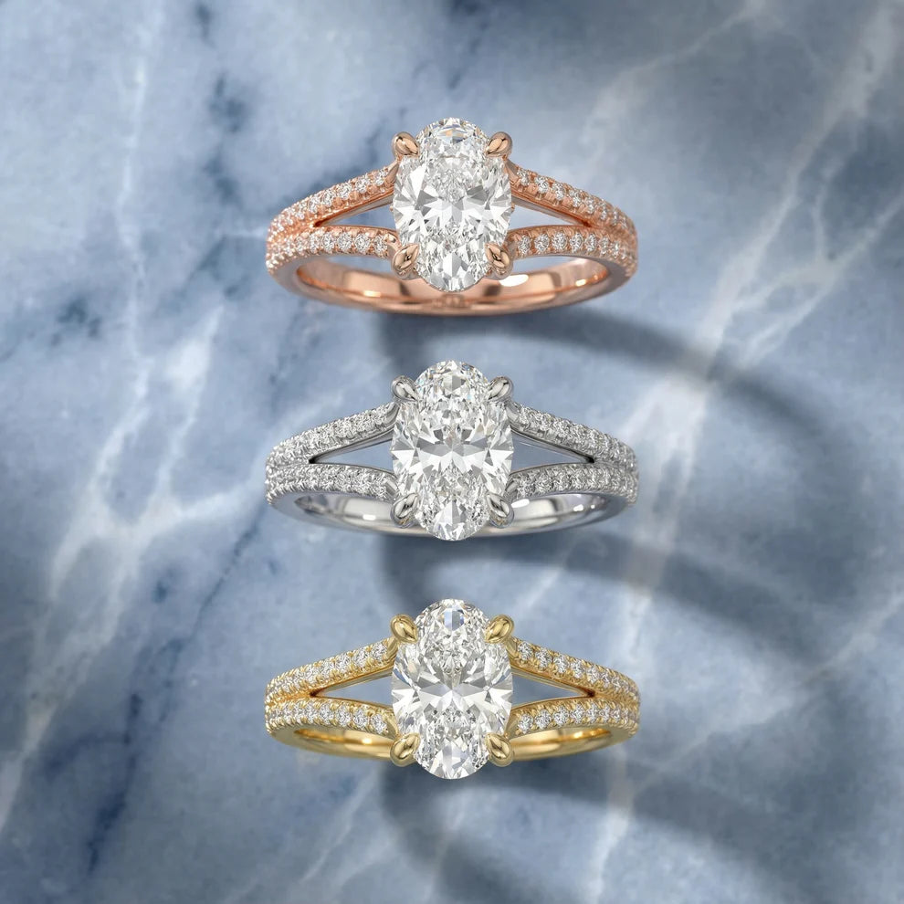 Oval Cut Pavé Split Shank Solitaire Engagement Ring – Lab Grown Diamond & Moissanite