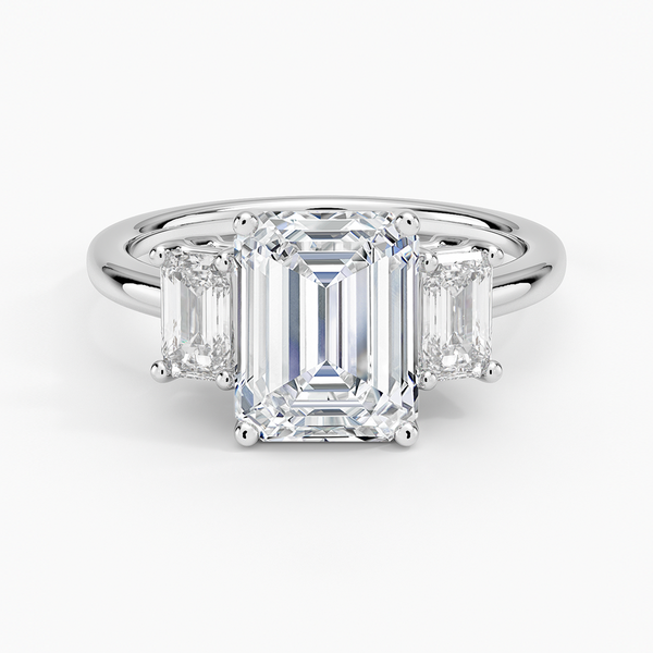 emerald lab grown diamond ring in silver, three-quarter view