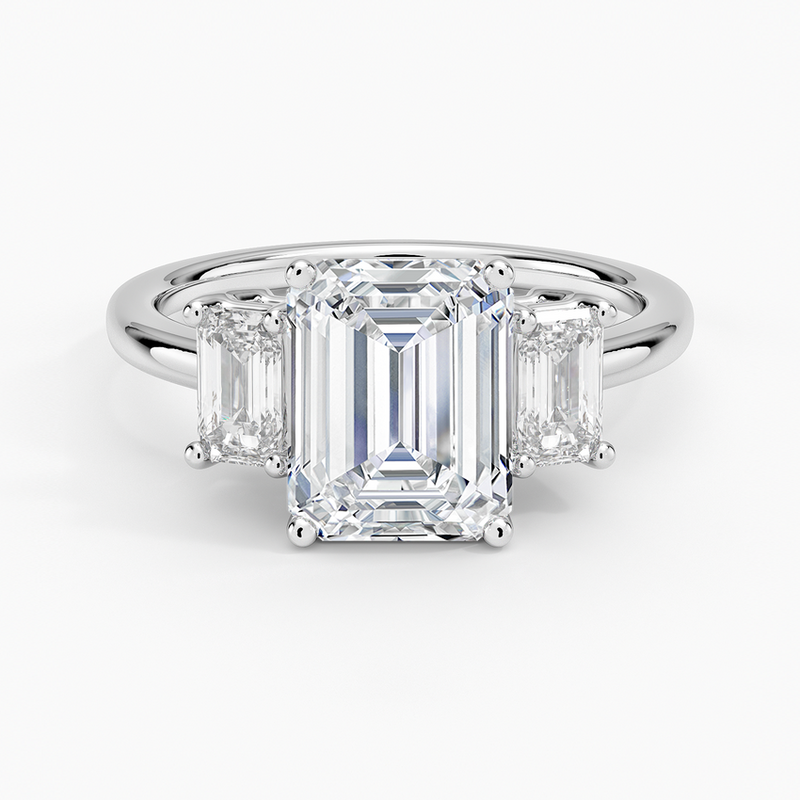 emerald lab grown diamond ring in silver, three-quarter view