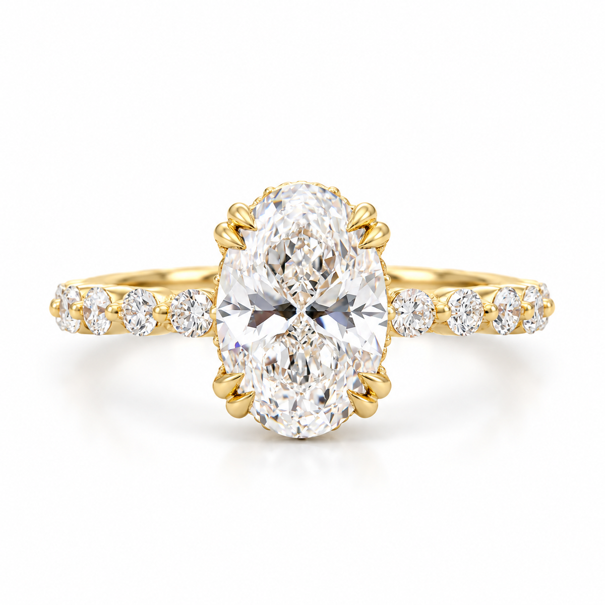 oval lab grown diamond engagement ring in gold, three-quarter view