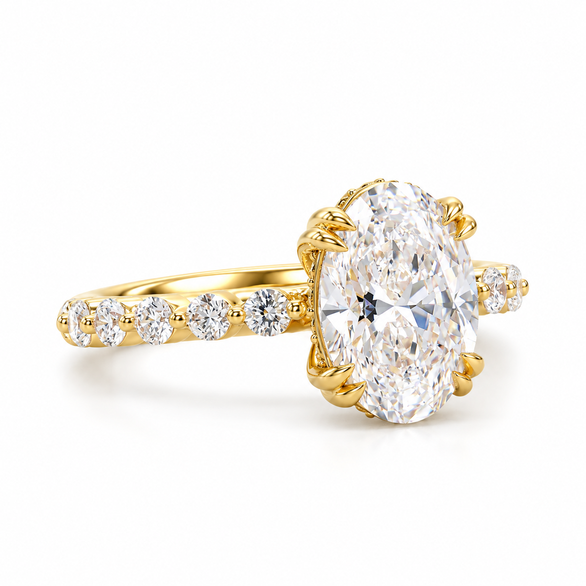 oval lab grown diamond engagement ring in gold, top view