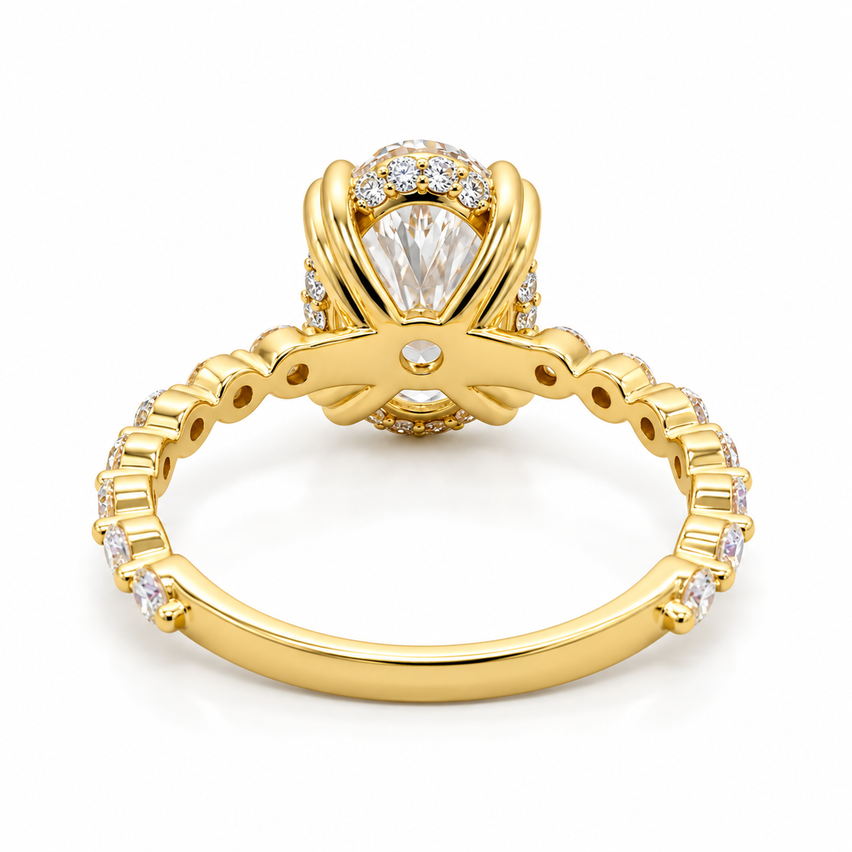 oval lab grown diamond engagement ring in gold, side profile