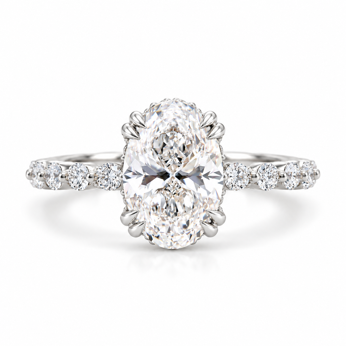oval lab grown diamond engagement ring in gold, detail of the setting