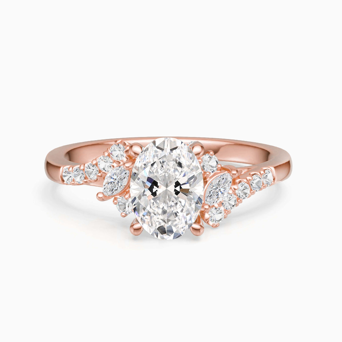A rose gold engagement ring featuring a large oval-cut center diamond surrounded by small marquise and round diamonds on a split shank, set against a clean white background.