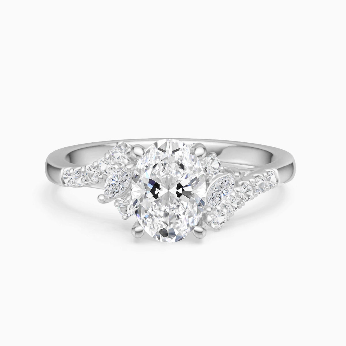 Oval Cut Lab Grown Diamond Hidden Halo Engagement Ring with Marquise Cluster Band