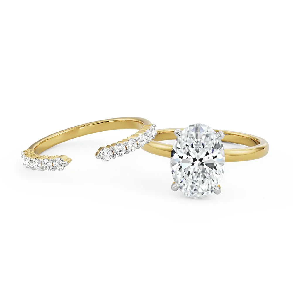 oval lab grown diamond engagement ring in silver, three-quarter view