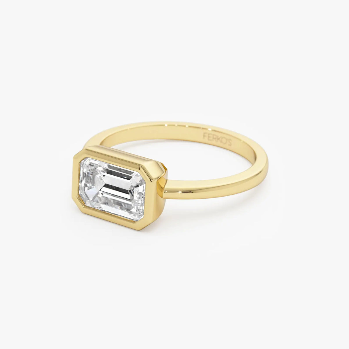 emerald lab grown diamond engagement ring in gold, top view