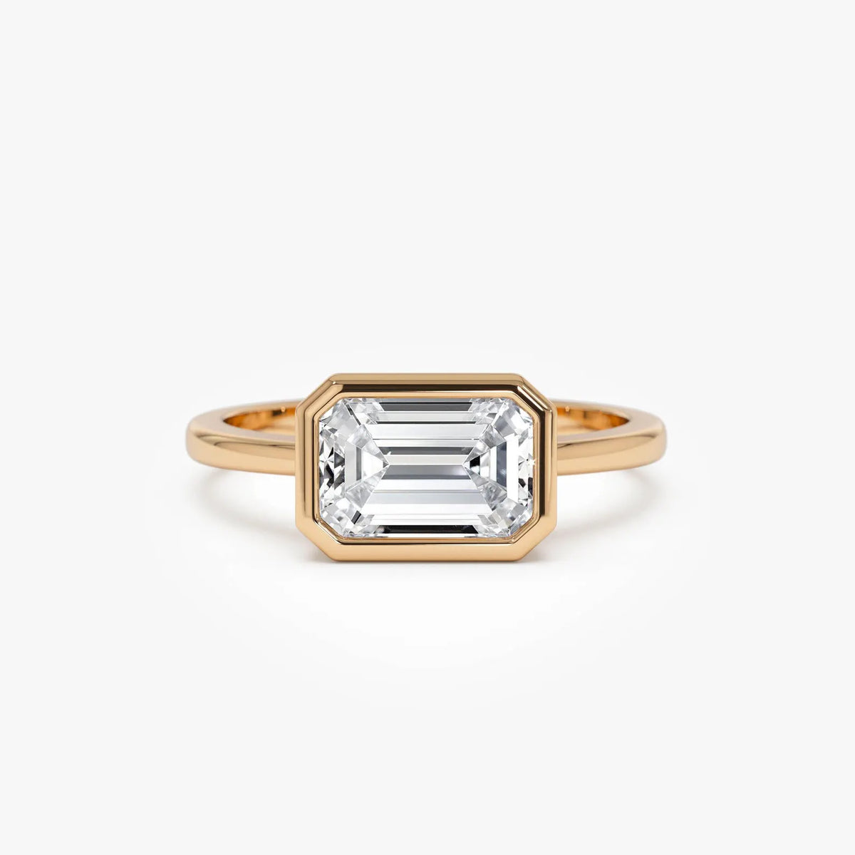 emerald lab grown diamond engagement ring in gold, on-hand