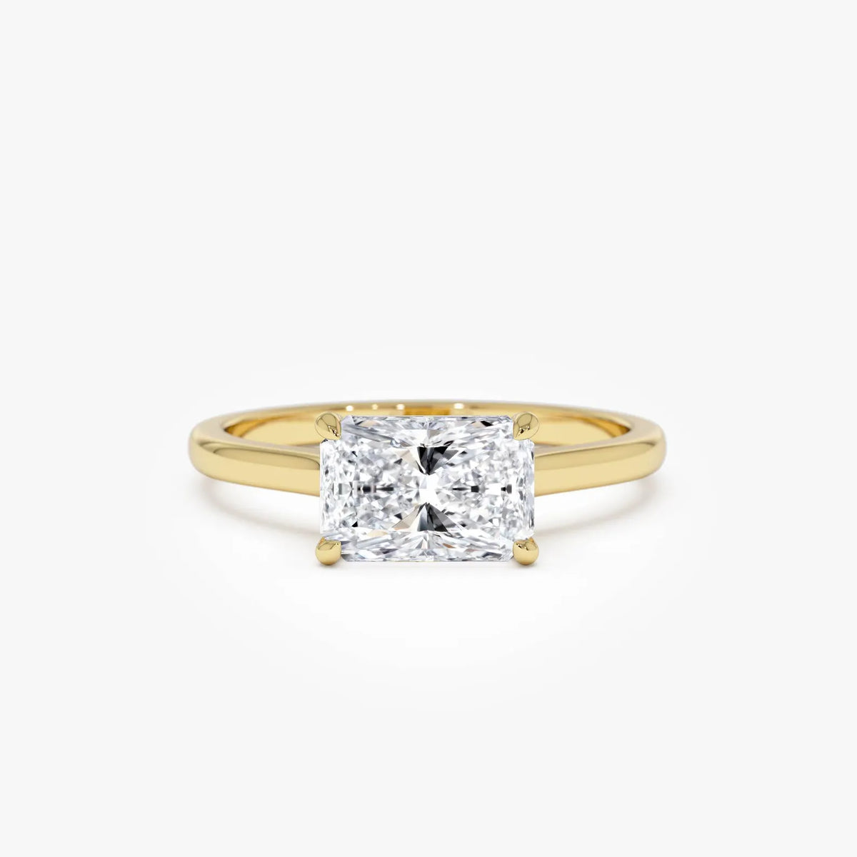 radiant lab grown diamond engagement ring in gold, three-quarter view