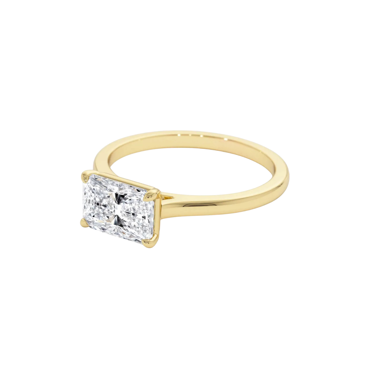 radiant lab grown diamond engagement ring in gold, top view