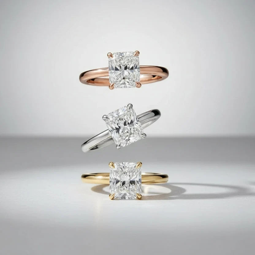 emerald lab grown diamond engagement ring in silver, detail of the setting