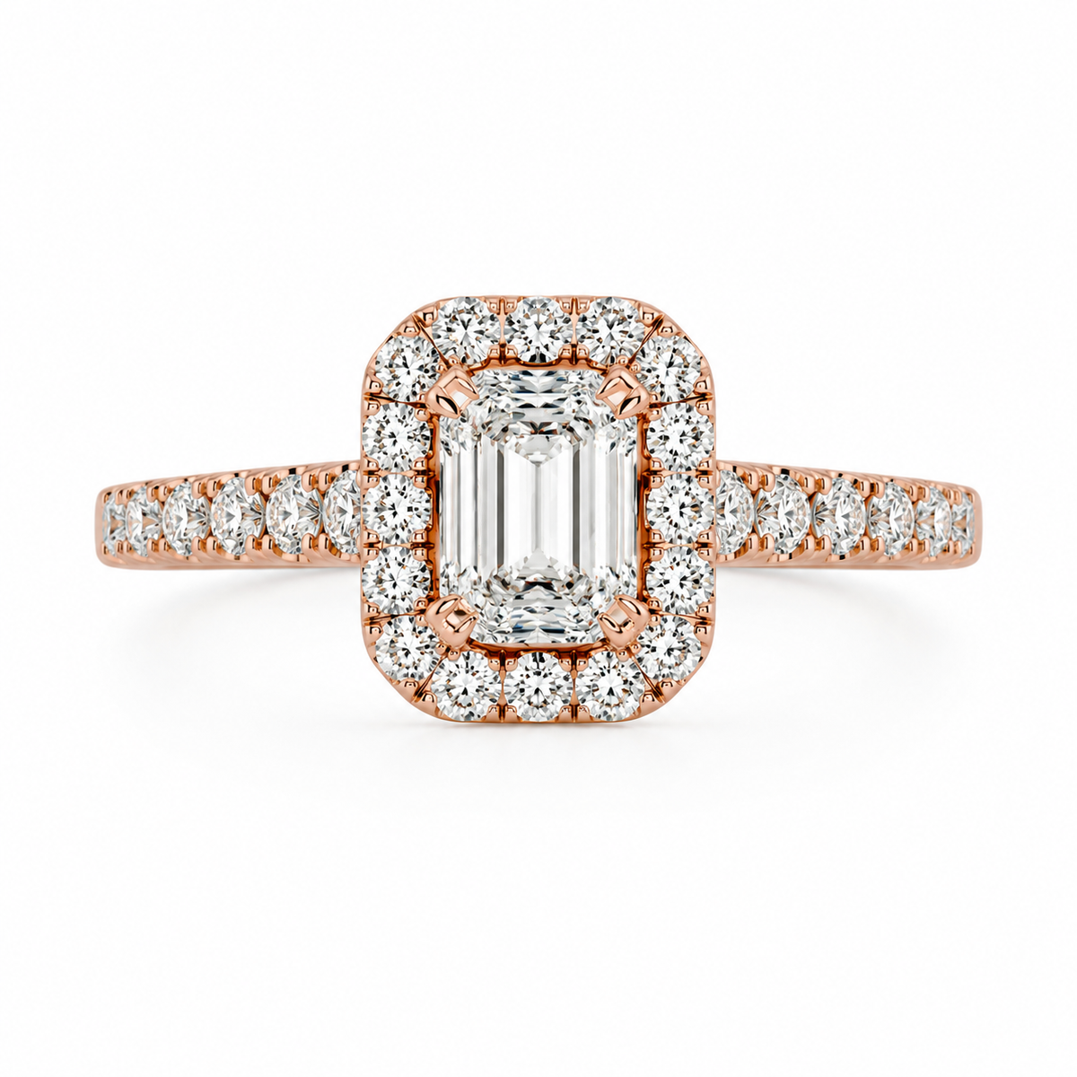 Emerald Cut Lab Grown Diamond And Moissanite Halo Engagement Ring with Pavé Band