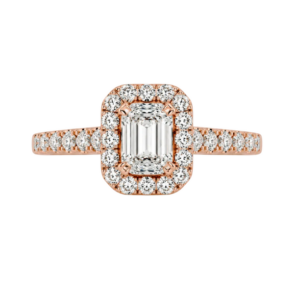 Emerald Cut Lab Grown Diamond And Moissanite Halo Engagement Ring with Pavé Band
