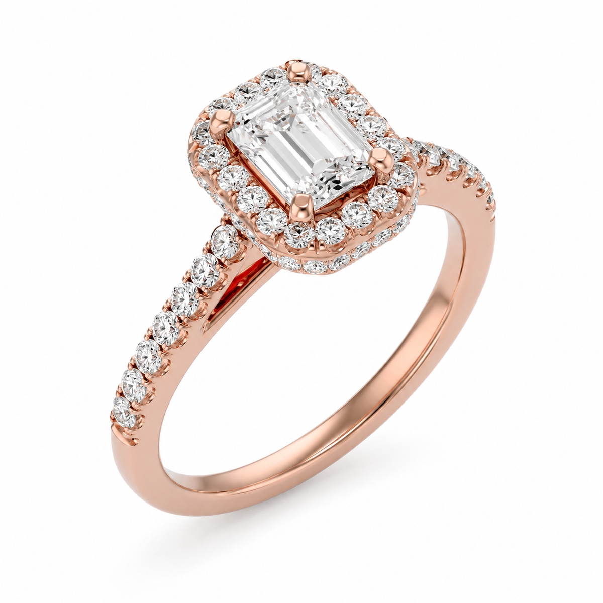 Emerald Cut Lab Grown Diamond And Moissanite Halo Engagement Ring with Pavé Band