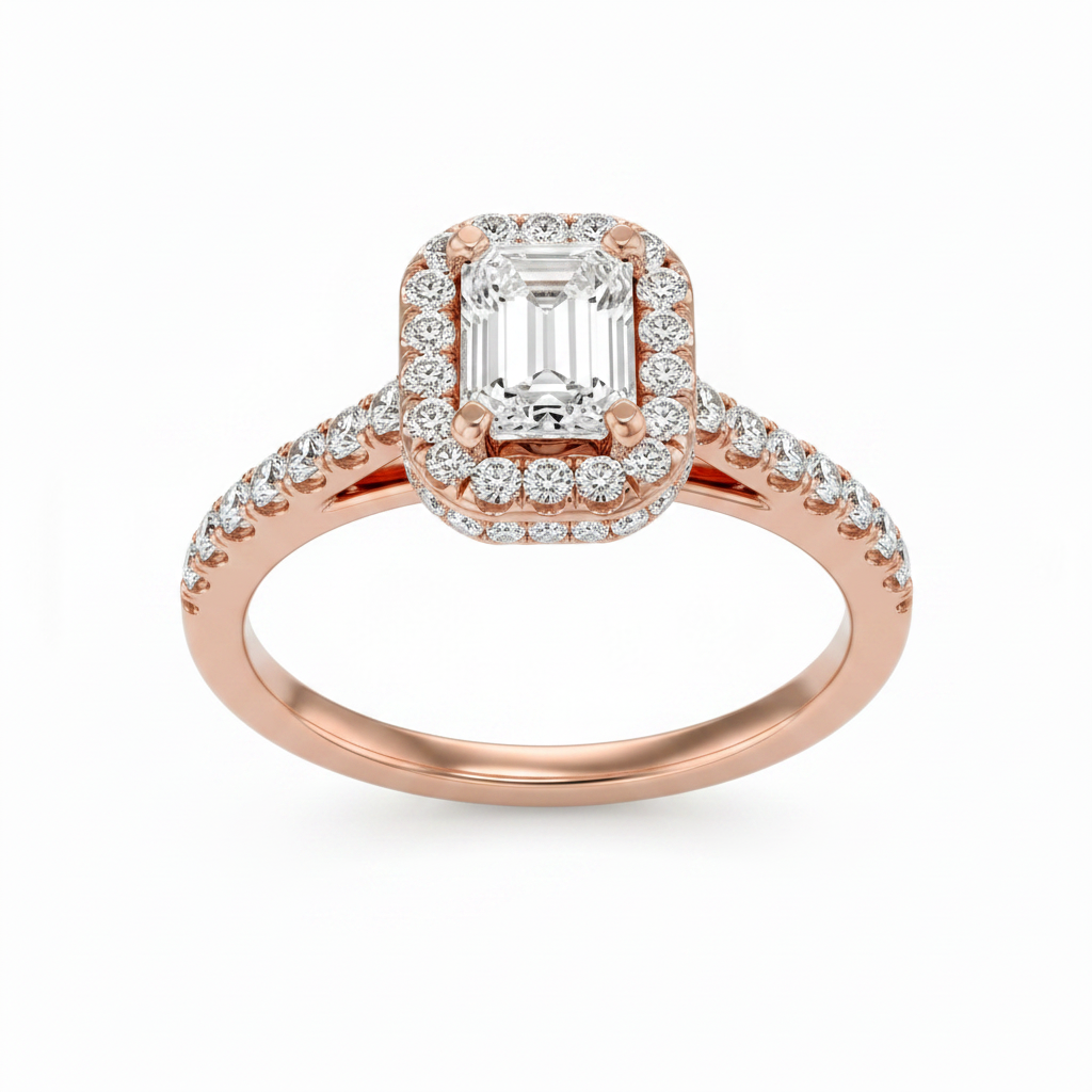 Emerald Cut Lab Grown Diamond And Moissanite Halo Engagement Ring with Pavé Band