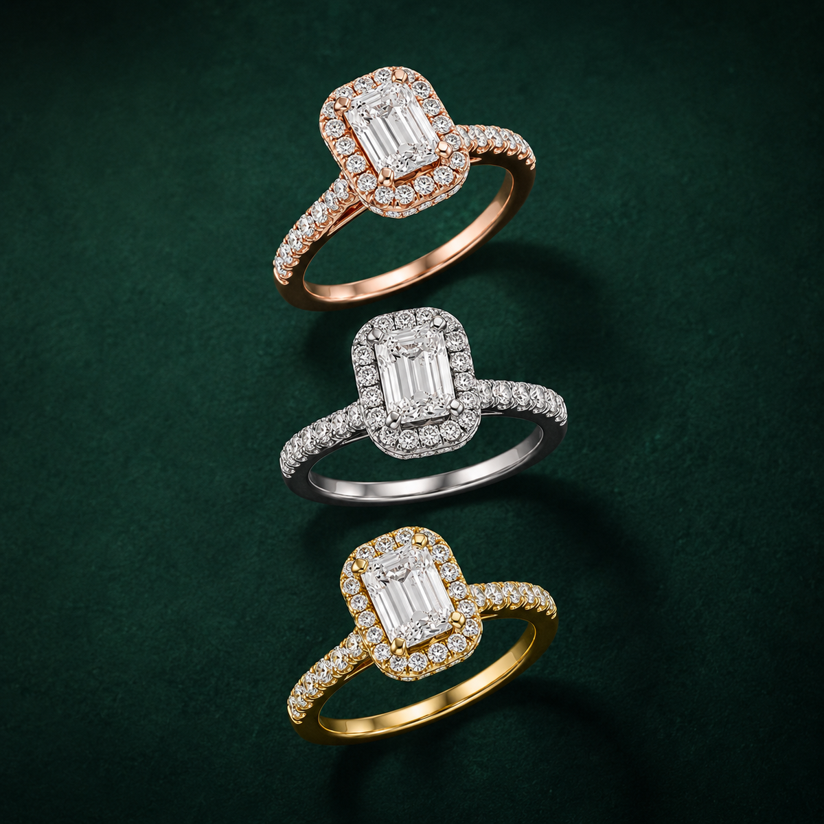 Emerald Cut Lab Grown Diamond And Moissanite Halo Engagement Ring with Pavé Band