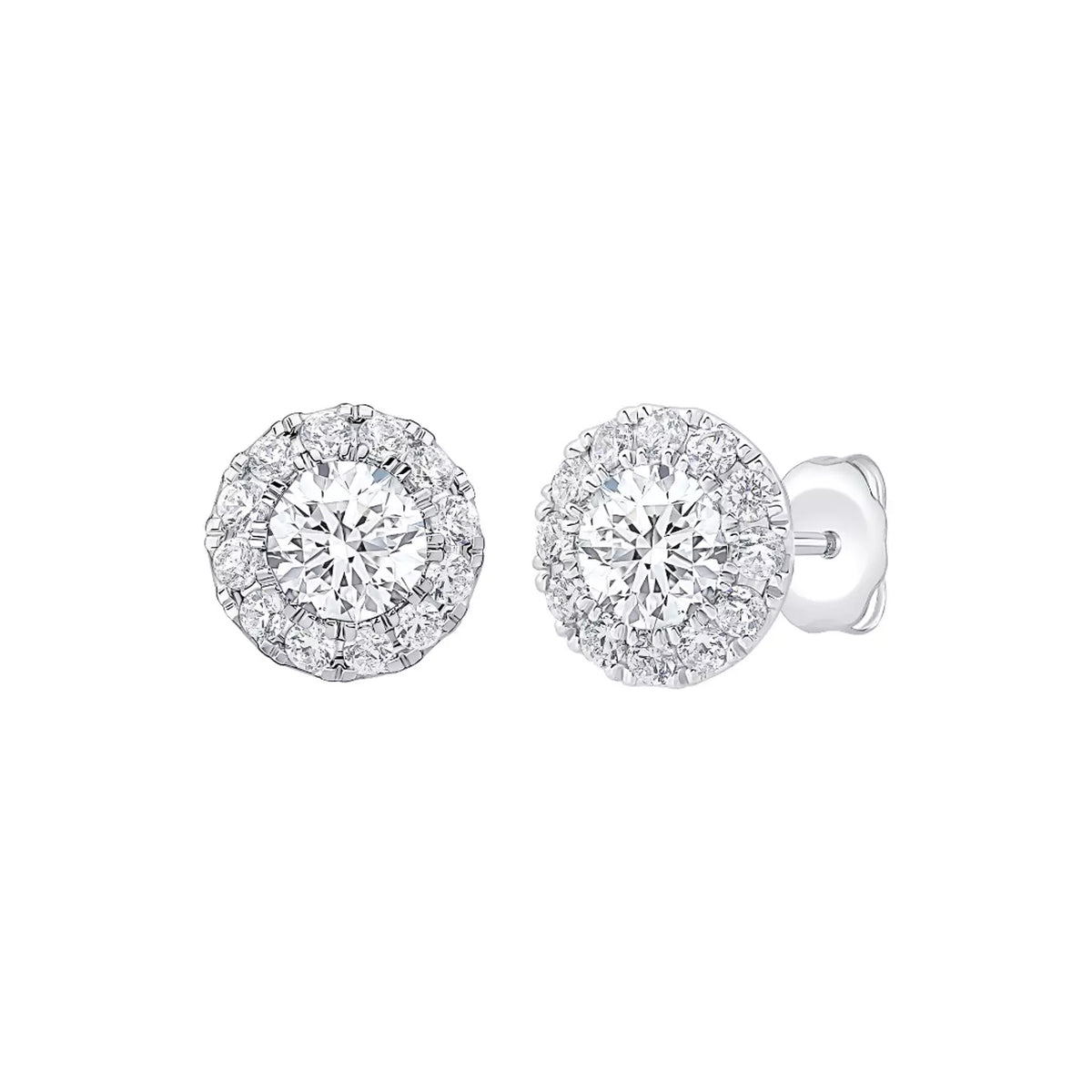 round lab grown diamond earrings in silver, three-quarter view