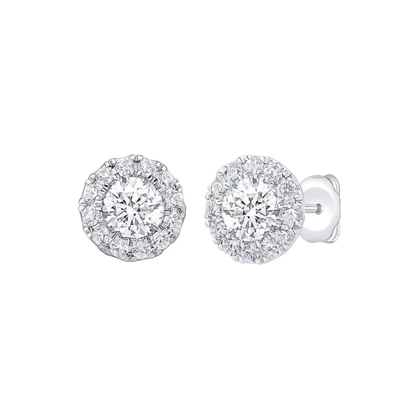 round lab grown diamond earrings in silver, three-quarter view