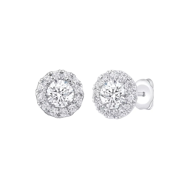 round lab grown diamond earrings in silver, three-quarter view