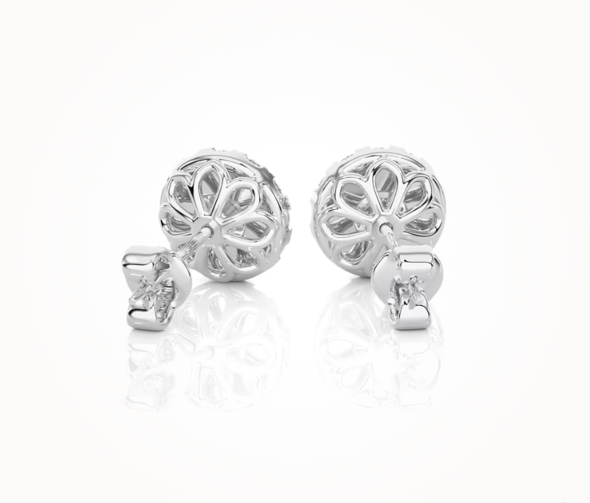 round lab grown diamond earrings in silver, side profile