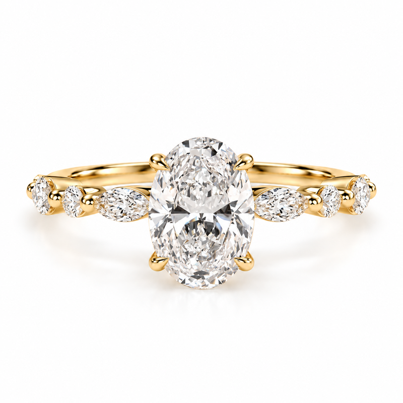 2ct Oval Lab Diamond Engagement Ring – Marquise & Round Diamond Accents
