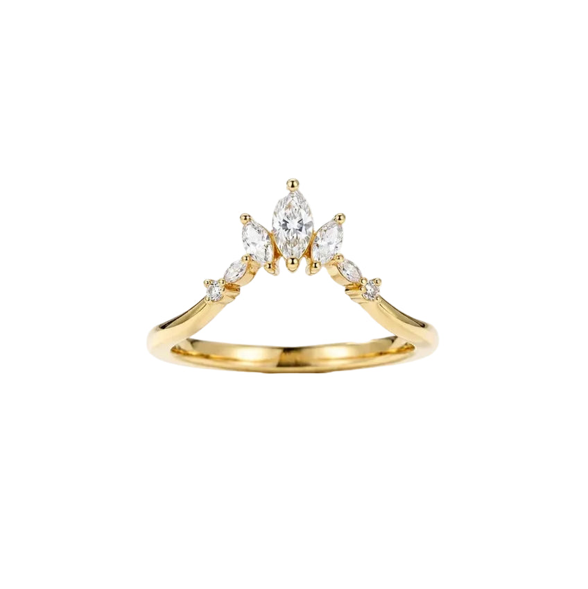 A gold ring with a marquise-cut diamond cluster setting, featuring a central marquise diamond and smaller diamonds along the shoulders, shown on a clean white background. The inside of the band is engraved with 'AU750 WHITELINE'.
