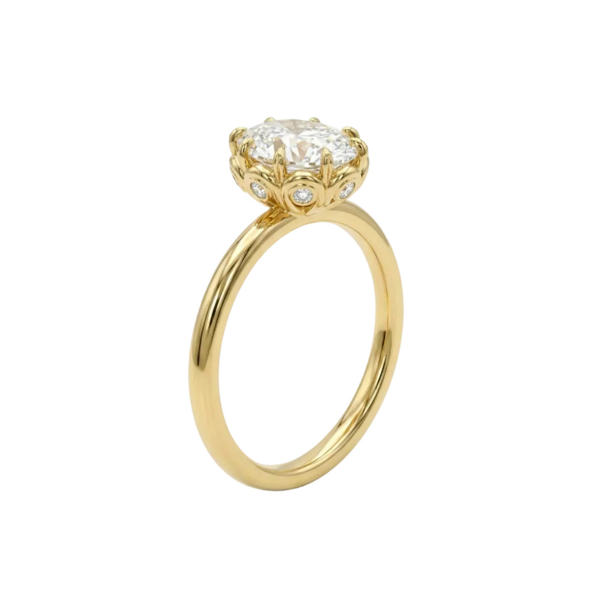 A yellow gold ring featuring a large cushion-cut diamond center stone and smaller accent diamonds in a decorative crown setting, shown on a clean white background.
