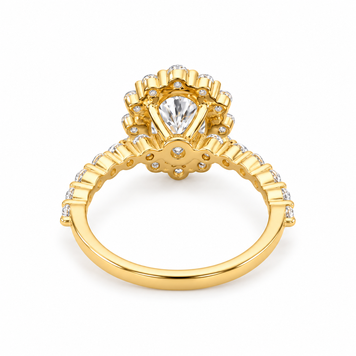 oval lab grown diamond engagement ring in gold, side profile