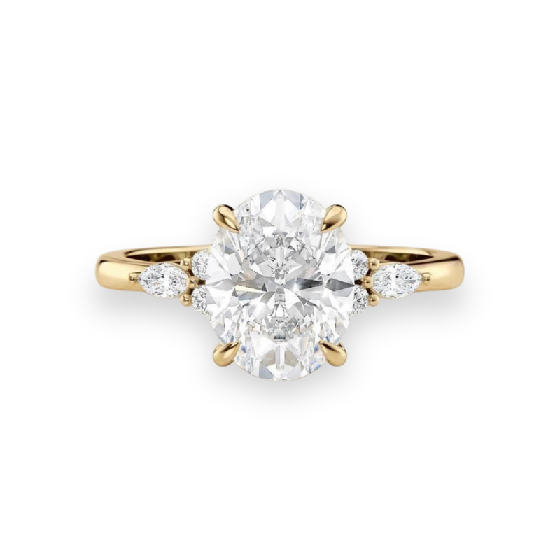 oval lab grown diamond engagement ring in silver, top view