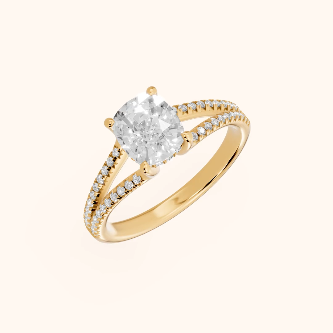 Cushion Cut Pavé Split Shank Solitaire Engagement Ring – Lab Grown Diamond & Moissanite