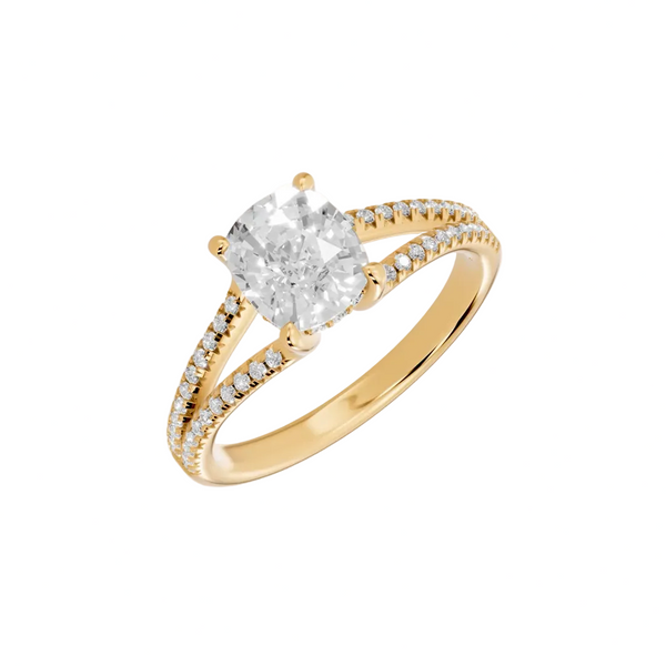Cushion Cut Pavé Split Shank Solitaire Engagement Ring – Lab Grown Diamond & Moissanite