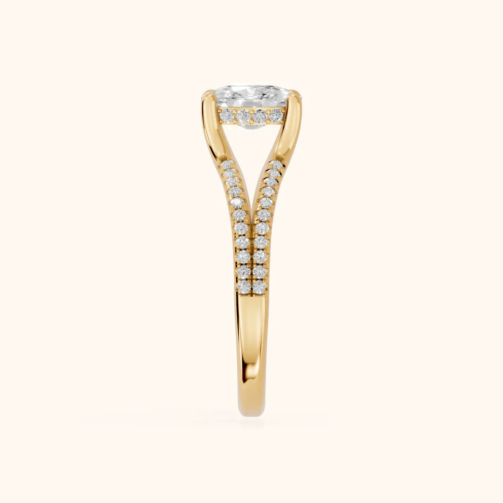 Cushion Cut Pavé Split Shank Solitaire Engagement Ring – Lab Grown Diamond & Moissanite