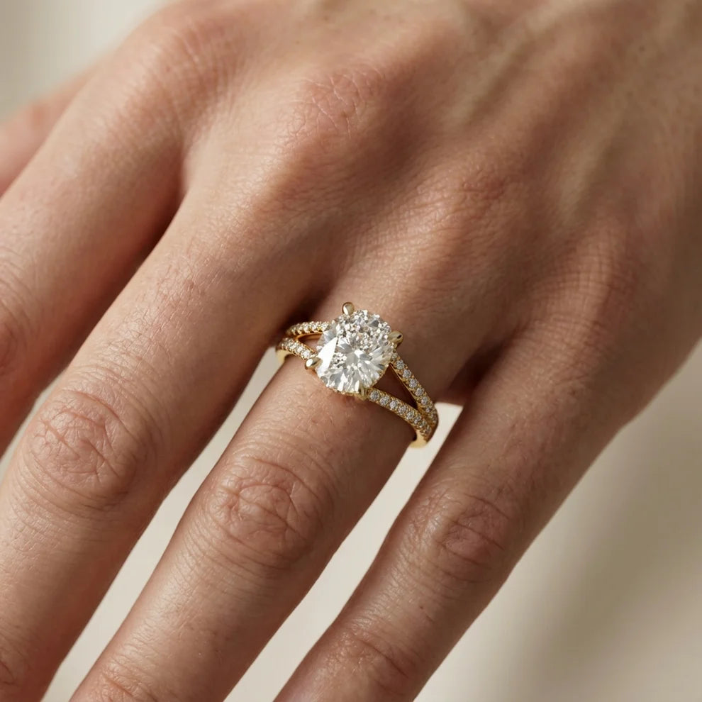 Cushion Cut Pavé Split Shank Solitaire Engagement Ring – Lab Grown Diamond & Moissanite