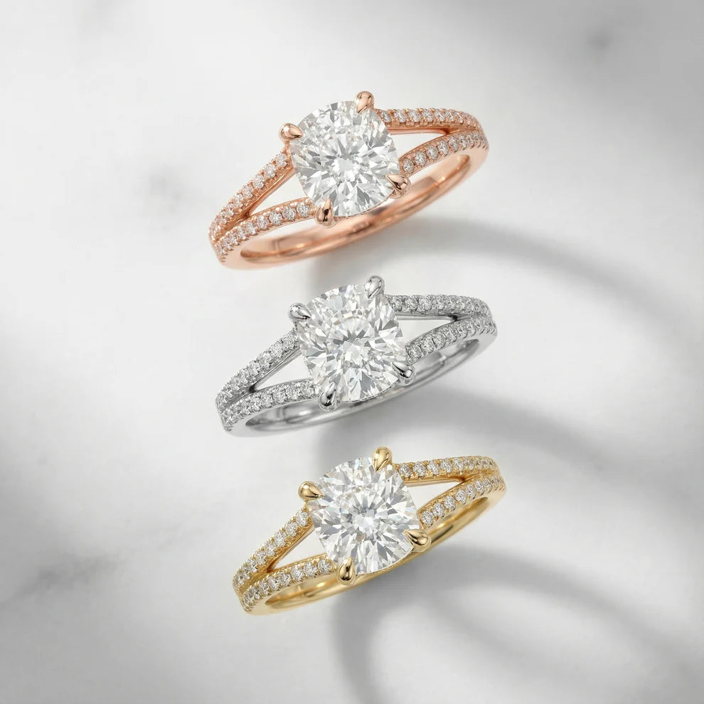 Cushion Cut Pavé Split Shank Solitaire Engagement Ring – Lab Grown Diamond & Moissanite
